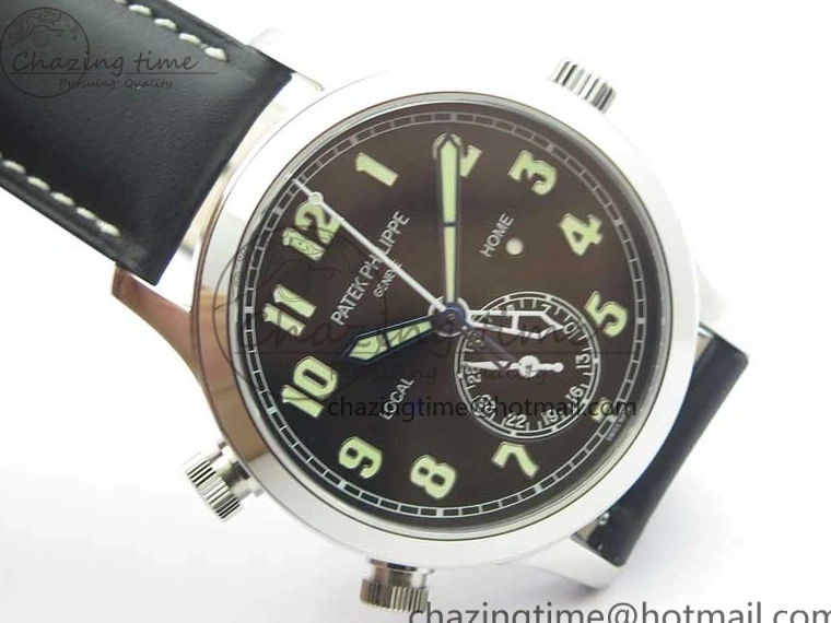 MIROTIME 0402 Stylish Calatrava 5524 Pilot Travel Time SS GRF Black Dial on Black Leather Strap A324 V 7108